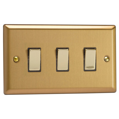 Varilight Triple Rocker Light Switch 2-Way Twin PlateClassic Brushed Brass With Polished Brass RockersXb93D from B&Q