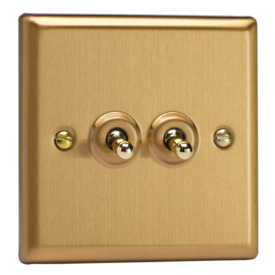 Varilight Double Toggle Light Switch 2-WayClassic Brushed Brass With Polished Brass TogglesXbt2 from B&Q