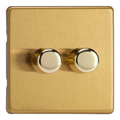 Varilight Double V-Pro Multiway Dimmer 2 X 120W LedScrewless Brushed Brass With Polished Brass KnobJdbm102S from B&Q