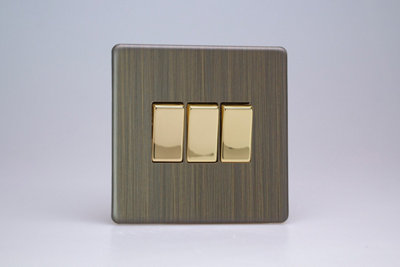 Varilight Ur 3-Gang 10A 1- Or 2-Way Rocker Switch Antique BrassTwin Plate Push-Fit Terminals from B&Q