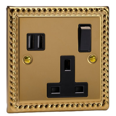 Varilight Single Plug Socket With Usb ChargingClassic Georgian Brass With Black InsertXg4U2Sb from B&Q