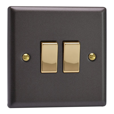 Varilight Double Rocker Light Switch 2-WayVogue Slate With Polished Brass RockerXy2V.sl from B&Q
