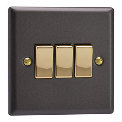 Varilight Triple Rocker Light Switch 2-WayVogue Slate With Polished Brass RockerXy3V.sl from B&Q