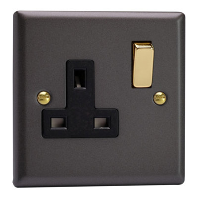 Varilight Single Switched Plug SocketVogue Slate With Black/brass InsertXy4Vb.sl from B&Q