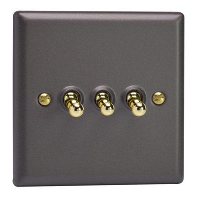 Varilight Triple Toggle Light Switch 2-WayVogue Slate With Polished Brass ToggleXyt3V.sl from B&Q
