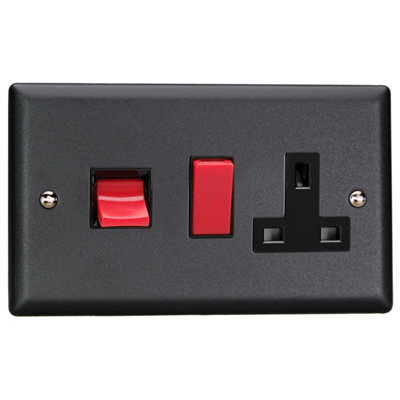 Varilight Cooker Switch With Switched Socket OutletUrban/vogue Matt Black With Black/red InsertXy45Pb.mb from B&Q