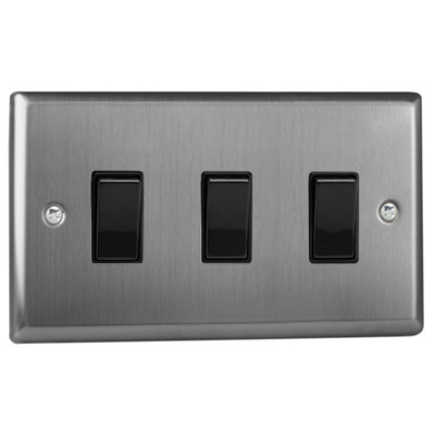 Varilight Triple Rocker Light Switch 2-Way Twin PlateClassic Brushed Steel With Black RockersXt93B from B&Q