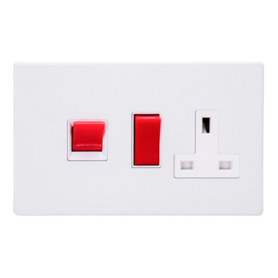 Varilight Cooker Switch With Switched Socket OutletScrewless Primed Ready To Paint With White/red InsertXdy45Pws.pd from B&Q