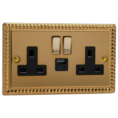 Varilight Double Switched Plug Socket With Usb A+C ChargingClassic Georgian Brass With Brass/black InsertXg5Uacdb from B&Q