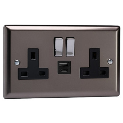 Varilight Double Switched Plug Socket With Usb A+C ChargingClassic Pewter With Chrome/black InsertXr5Uacdb from B&Q