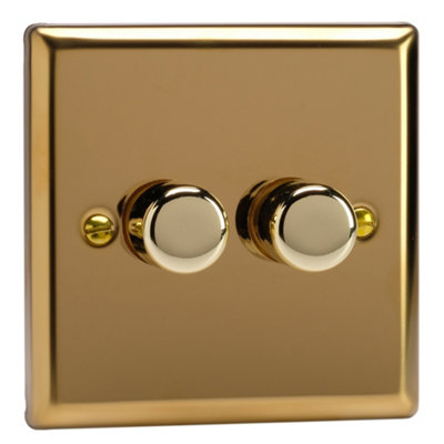 Varilight Double V-Pro Smart Wi-Fi Dimmer 2 X 120W LedClassic Victorian Brass With Polished Brass KnobJvsm102 from B&Q