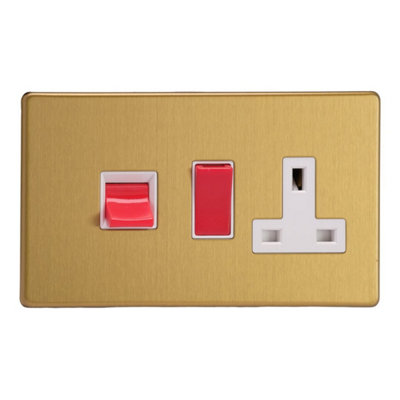 Varilight Cooker Switch With Switched Socket OutletScrewless Brushed Brass With White/red InsertXdb45Pws from B&Q
