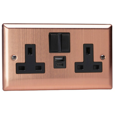 Varilight 2-Gang 13A Switched Socket With 20W Shared Usb-A & Usb-C Charging PortsBrushed Copper Finish from B&Q