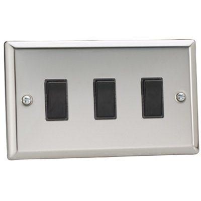 Varilight Triple Rocker Light Switch 2-Way Twin PlateClassic Mirror Chrome With Black RockersXc93B from B&Q