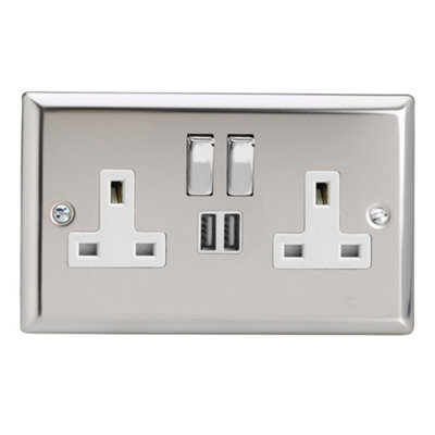 Varilight Double Switched Plug Socket With Usb ChargingClassic Mirror Chrome With Chrome/white InsertXc5U2Sdw from B&Q