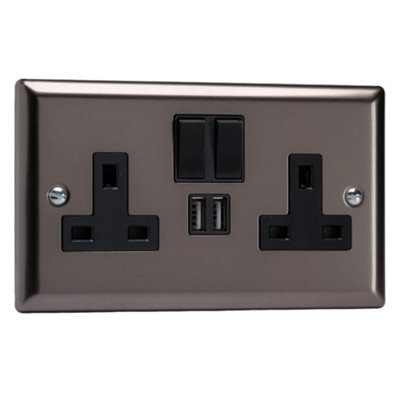Varilight Double Switched Plug Socket With Usb ChargingClassic Pewter With Black InsertXr5U2Sb from B&Q