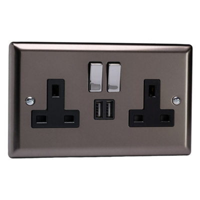 Varilight Double Switched Plug Socket With Usb ChargingClassic Pewter With Chrome/black InsertXr5U2Sdb from B&Q