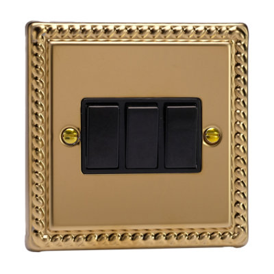 Varilight Triple Rocker Light Switch 2-WayClassic Georgian Brass With Black RockersXg3B from B&Q