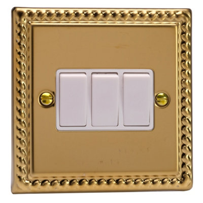 Varilight Triple Rocker Light Switch 2-WayClassic Georgian Brass With White RockersXg3W from B&Q