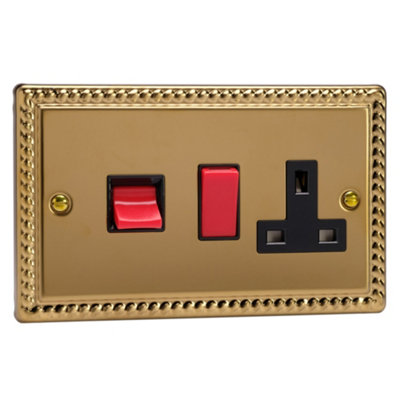 Varilight Cooker Switch With Switched Socket OutletClassic Georgian Brass With Black/red InsertXg45Pb from B&Q