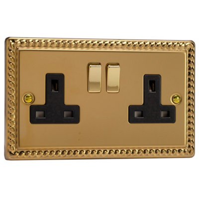 2 Gang 13 Amp Double Switched Socket Georgian Brass Wall Plate Electrical - Image 4