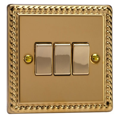 Varilight Triple Rocker Light Switch 2-WayClassic Georgian Brass With Polished Brass RockersXg3D from B&Q