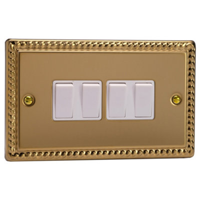 Varilight 4-Gang 2-Way Rocker Light SwitchClassic Georgian Brass With White RockersXg9W from B&Q