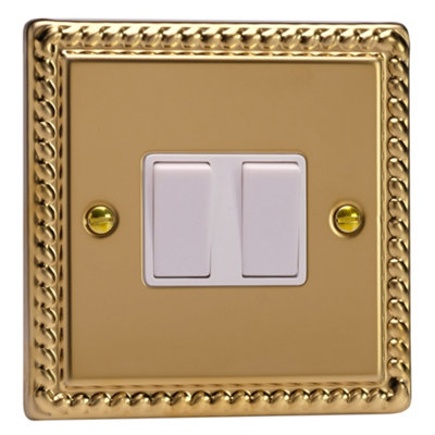 Varilight Double Rocker Light Switch 2-Way & IntermediateClassic Georgian Brass With White RockersXg71W from B&Q