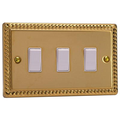 Varilight Triple Rocker Light Switch 2-Way Twin PlateClassic Georgian Brass With White RockersXg93W from B&Q