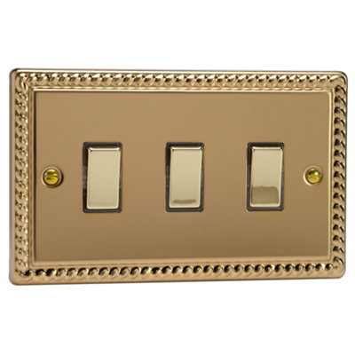 Varilight Triple Rocker Light Switch 2-Way Twin PlateClassic Georgian Brass With Polished Brass RockersXg93D from B&Q