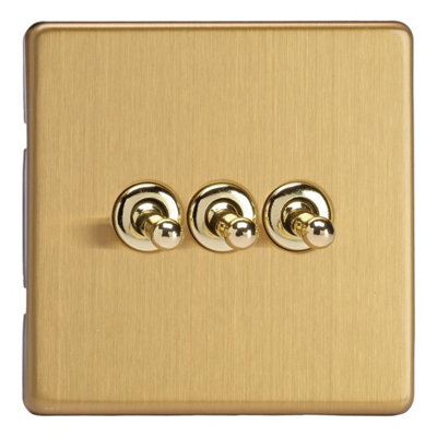 Varilight Triple Toggle Light Switch 2-WayScrewless Brushed Brass With Polished Brass TogglesXdbt3S from B&Q