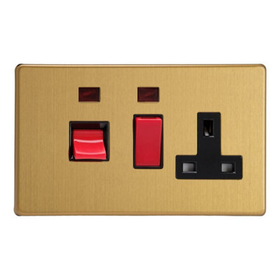 Varilight Cooker Switch With Switched Socket Outlet With NeonScrewless Brushed Brass With Black/red InsertXdb45Pnbs from B&Q