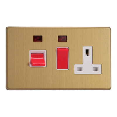 Varilight Cooker Switch With Switched Socket Outlet With NeonScrewless Brushed Brass With White/red InsertXdb45Pnws from B&Q
