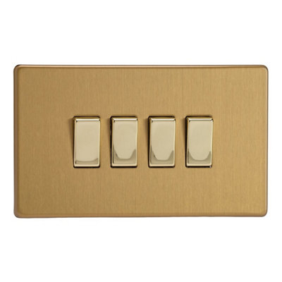 Varilight Quad 2-Way Rocker Light SwitchScrewless Brushed Brass With Polished Brass RockersXdb9S from B&Q