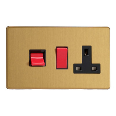 Varilight Cooker Switch With Switched Socket OutletScrewless Brushed Brass With Black/red InsertXdb45Pbs from B&Q