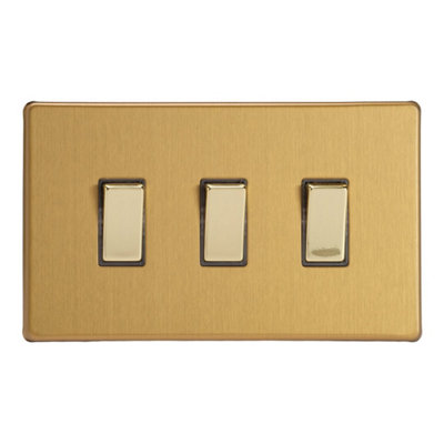 Varilight Triple Rocker Light Switch 2-Way Twin PlateScrewless Brushed Brass With Polished Brass RockersXdb93S from B&Q