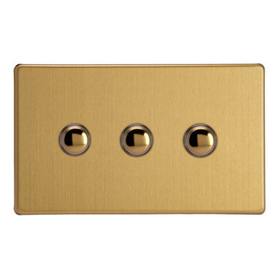 Varilight Triple Impulse Light Switch 2-WayScrewless Brushed Brass With Polished Brass ButtonsXdbp3S from B&Q