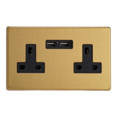 Varilight Double Unswitched Plug Socket With Usb ChargingScrewless Brushed Brass With Black InsertXdb5U2Bs from B&Q