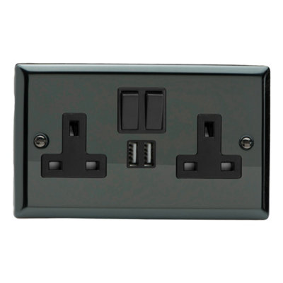 Varilight Double Switched Plug Socket With Usb ChargingClassic Iridium With Black InsertXi5U2Sb from B&Q