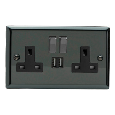 Varilight Double Switched Plug Socket With Usb ChargingClassic Iridium With Iridium/black InsertXi5U2Sdb from B&Q