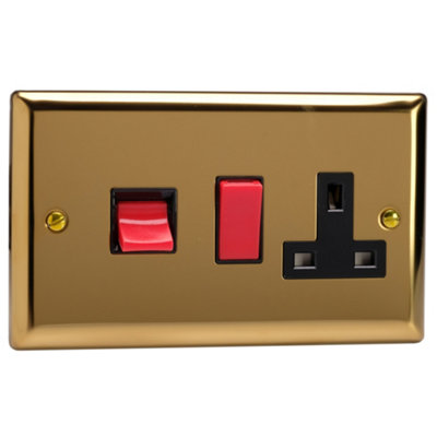 Varilight Cooker Switch With Switched Socket OutletClassic Victorian Brass With Black/red InsertXv45Pb from B&Q