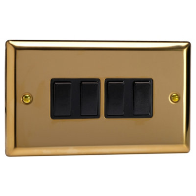 Varilight 4-Gang 2-Way Rocker Light SwitchClassic Victorian Brass With Black RockersXv9B from B&Q