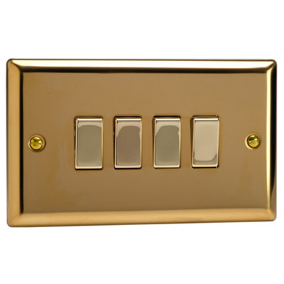 Varilight 4-Gang 2-Way Rocker Light SwitchClassic Victorian Brass With Polished Brass RockersXv9D from B&Q
