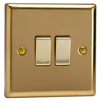 Varilight Double Rocker Light Switch 2-Way & IntermediateClassic Victorian Brass With Polished Brass RockersXv71D from B&Q