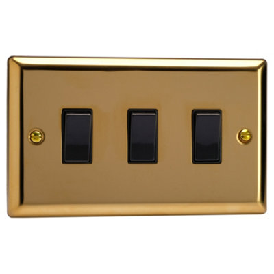 Varilight Triple Rocker Light Switch 2-Way Twin PlateClassic Victorian Brass With Black RockersXv93B from B&Q