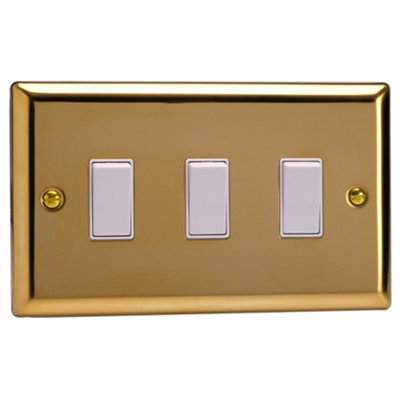 Varilight Triple Rocker Light Switch 2-Way Twin PlateClassic Victorian Brass With White RockersXv93W from B&Q