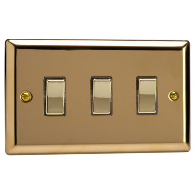 Varilight Triple Rocker Light Switch 2-Way Twin PlateClassic Victorian Brass With Polished Brass RockersXv93D from B&Q