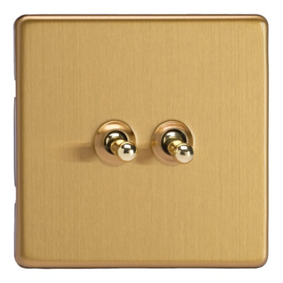 Varilight Double Toggle Light Switch 2-Way & IntermediateScrewless Brushed Brass With Polished Brass ToggleXdbt71S from B&Q