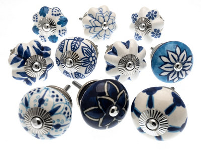 Cupboard Knobs Decorative Blues And White Ceramic Door And Drawer Handles Set Of 10 By Mango Tree