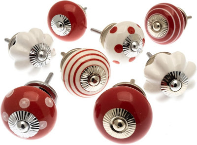 Cupboard Knobs Decorative Red And White Ceramic Door And Drawer Handles Vintage Home Décor Set Of 8 By Mango Tree